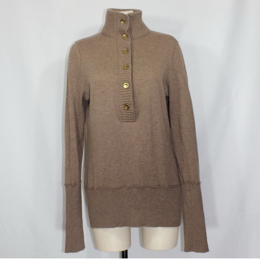 Tory Burch Giselle rib trim long sleeve brown sweater. Wool/cashmere blend